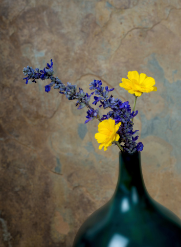 Blue and yelow wildflowers in a turquoise vase against a rustic slate background