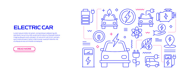 ELECTRIC CAR Web Banner with Linear Icons, Trendy Linear Style Vector