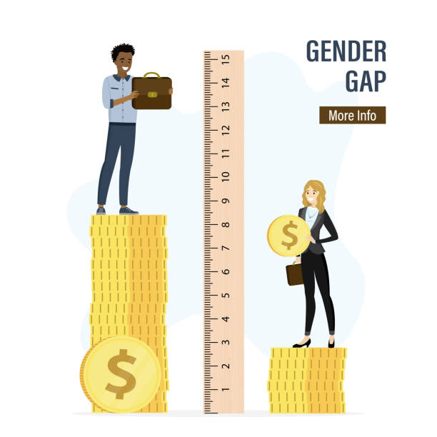 illustrazioni stock, clip art, cartoni animati e icone di tendenza di uomini d'affari con diversi livelli di reddito. l'enorme righello misura l'importo dello stipendio o del reddito. gender gap, discriminazione, sessismo. dipendenti in piedi su pile di monete. - wages paying gender stereotypes unequal