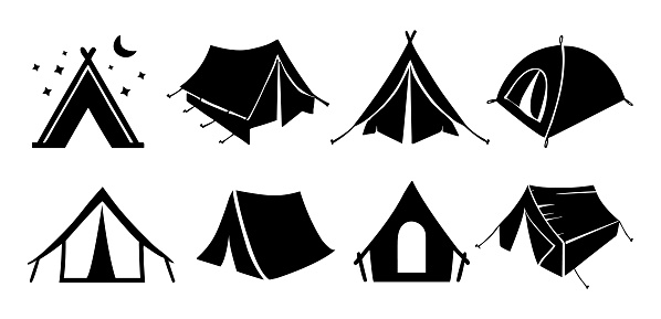 Tourist camping tent vector icon set on a white background.