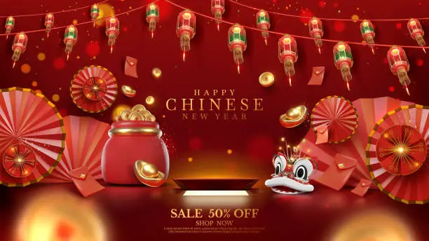 Vector illustration of Red luxury background with product display podium element with 3d realistic chinese new year ornament and glitter light effect decoration and bokeh. Vector illustration.