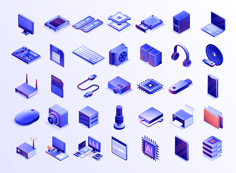 Computer technology icon set banner design, three dimensional and isometric drawing. Computer, microchip, cpu, external hard disk drive, memory card, mother board, hard drive, computer keyboard, ram.