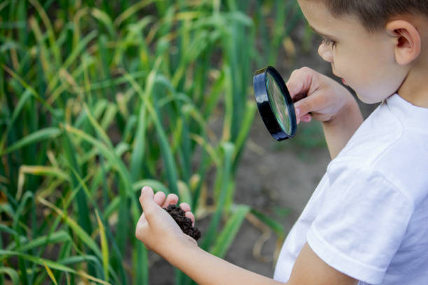 istock The child examines the ground with a magnifying glass. Selective focus. 1834620214