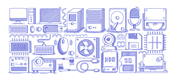 Computer technology, hand drawn sketch, vector doodle line icon set. Computer, microchip, mother board, cpu, hard drive, external hard disk drive, computer equipment, technology, random access memory.