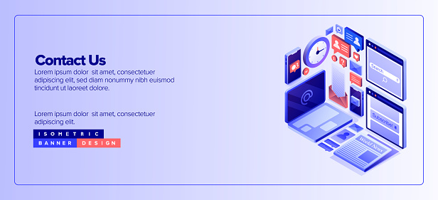 Contact us icon set banner design, three dimensional and isometric drawing. E-mail, customer, support, message, people, talking, assistance, advice, call center.