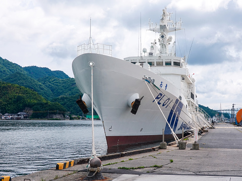 On a sunny day in June 2023, in Sakaiminato City, Tottori Prefecture, Japan Coast Guard patrol boat Oki PL01 anchored in Sakaiminato.