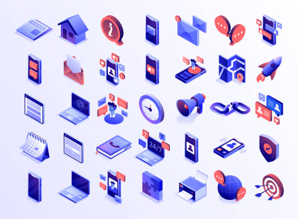 stockillustraties, clipart, cartoons en iconen met contact us icon set banner design, three dimensional and isometric drawing. e-mail, customer, support, message, people, talking, assistance, advice, call center. - isometrische projectie