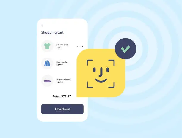Vector illustration of Biometric facial recognition in mobile commerce. Face ID system for fast and secure checkout, contactless transactions. E-commerce payment with biometric authentication. Isolated vector illustration