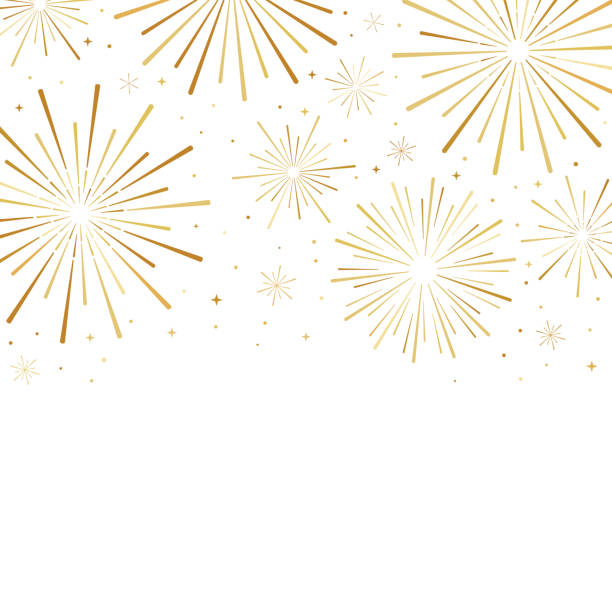 Fireworks vector banner for new year celebration, greeting card decoration element, simple golden border design