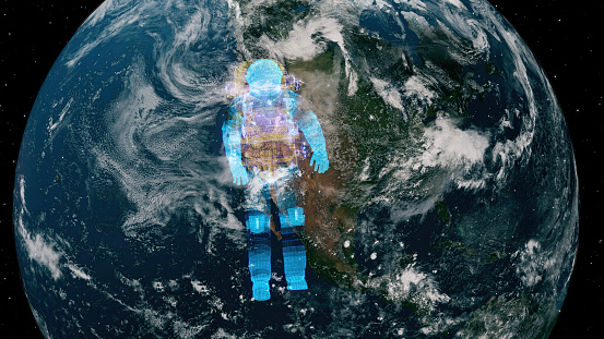 Astronaut mesh in Space Suit With Planet Earth Behind Him. Images used to produce this render provided by NASA.