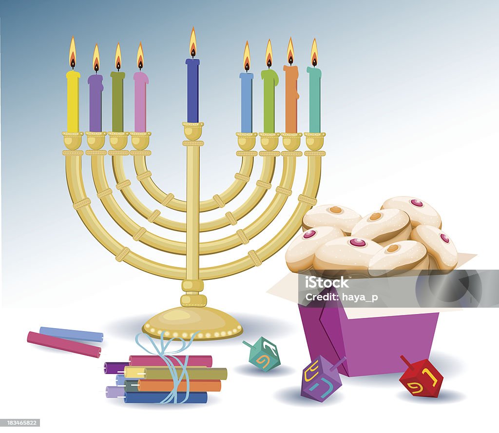 Candles, Hanukkah , Box With Donuts,  And Spinning Tops - Illustration All main elements are grouped and rendered complete for seperate use. Zipped *. ai CS3 and PDF is attached. Doughnut stock vector