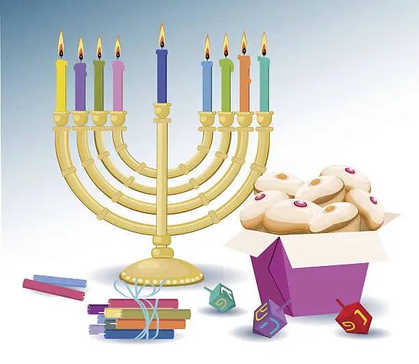 Vector illustration of Candles, Hanukkah , Box With Donuts,  And Spinning Tops - Illustration