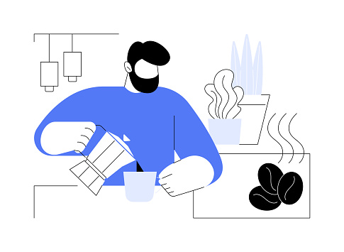 Italian style coffee isolated cartoon vector illustrations. Smiling man making Italian coffee in moka pot, hot drinks preparation at home, morning rituals, enjoying espresso vector cartoon.