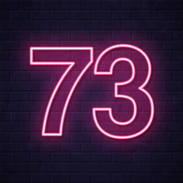 Vector illustration of 73 - Number Seventy-three. Glowing neon icon on brick wall background
