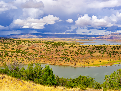 Abuquiu Lake, New Mexico,  in Summer with rain clouds in the background