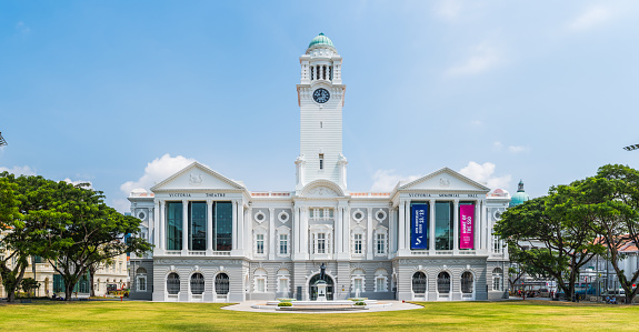 The historic facade of Victoria Theatre and Concert Hall on Empress Place in Central Singapore.