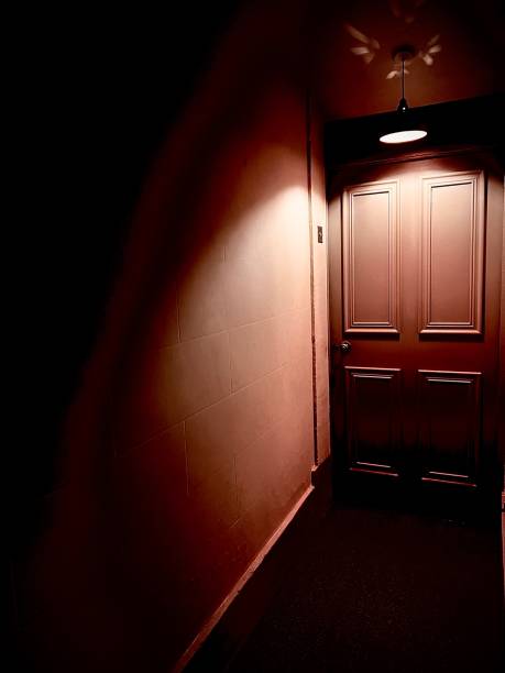 istock A ceiling light illuminating a narrow passageway and a closed door 1834675284