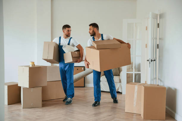 istock Boxes in hands. Two moving service employees in a room 1834676945