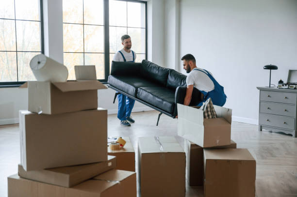 istock Sofa in hands. Two moving service employees in a room 1834677448