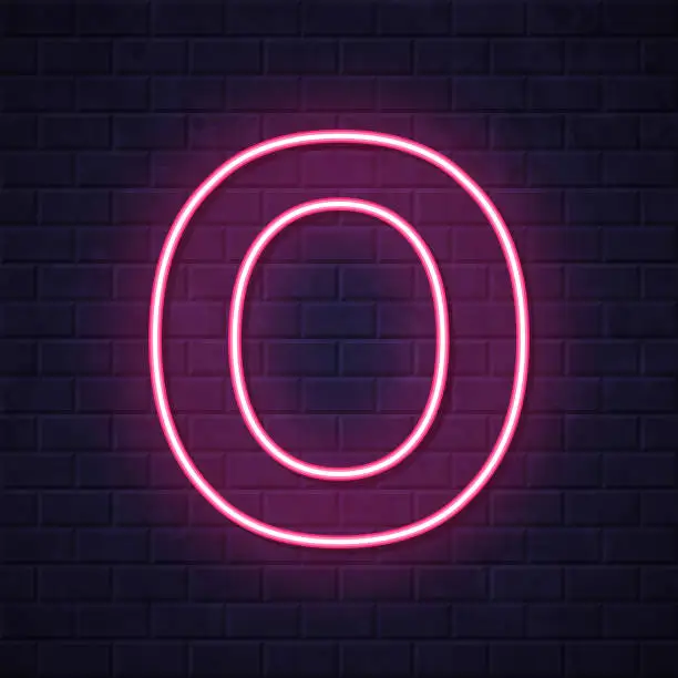 Vector illustration of Letter O. Glowing neon icon on brick wall background