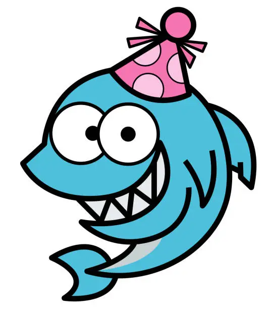 Vector illustration of Funny birthday shark cartoon with party hat