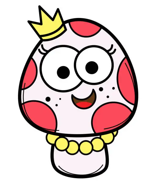 Vector illustration of Mushroom queen funny cartoon with crown and pearl necklace