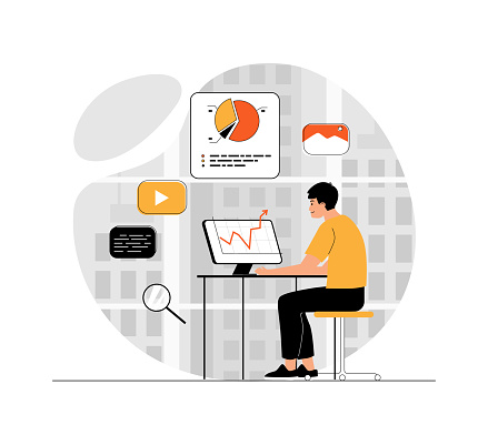 Digital marketing concept. Marketer analyzes data, market trends, social needs on the Internet. Advertising campaign, branding and online promotion, e-commerce. Illustration with people scene.