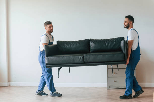 istock Sofa in hands. Two moving service employees in a room 1834689887