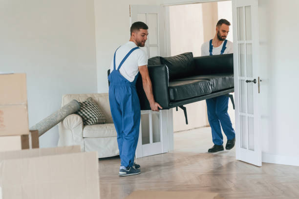 istock Sofa in hands. Two moving service employees in a room 1834689889
