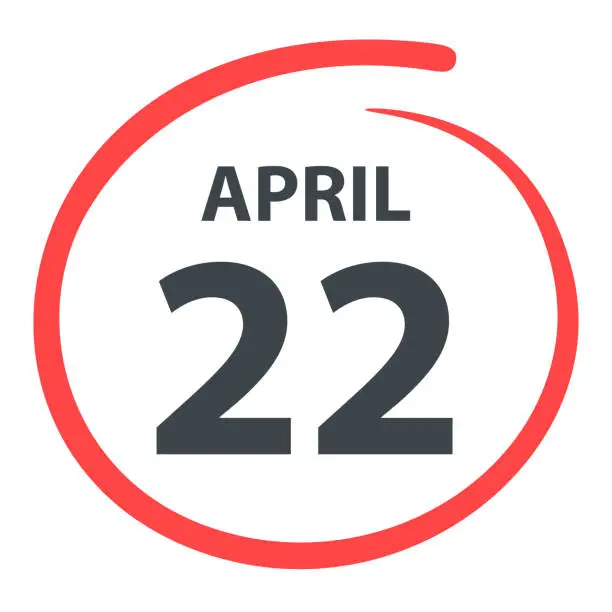 Vector illustration of April 22 - Date circled in red on white background