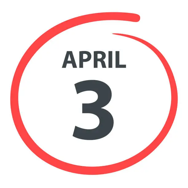 Vector illustration of April 3 - Date circled in red on white background