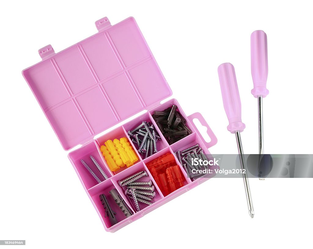 Rosa com parafusos e screwdrivers caixa - Foto de stock de Apoio royalty-free