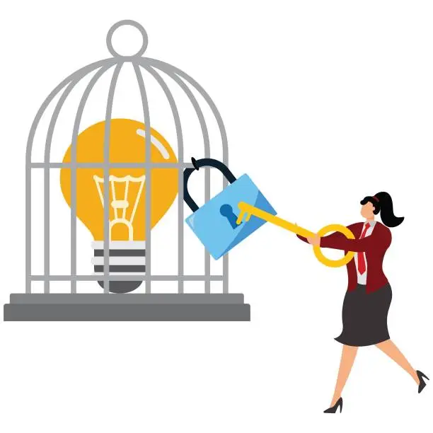 Vector illustration of Open cage with idea bulb Businesswoman