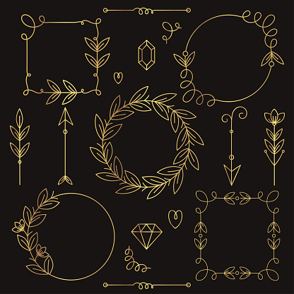 Frame Doards Design Hand Drawn Vector Gold Frame And Dividers Set Round And Square Frames ...