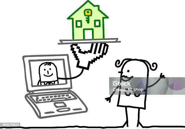 Woman With Laptop Searching For Housing Stock Illustration - Download Image Now - House, Computer, Homestay - Lodging