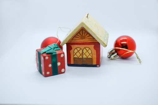 a red ball, Gift and House for christmas tree on white background