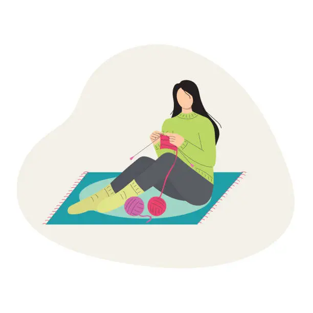 Vector illustration of Knitting woman. Woman sitting on the carpet, and knitting needles warm clothes. Handcraft hobby vector illustration.