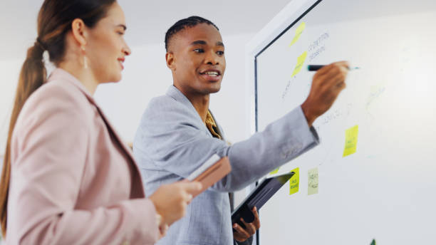 istock Board, writing and business team collaboration, communication and planning brand sales launch. Sticky note, creative teamwork and corporate people in brainstorming conversation about design ideas 1834738434