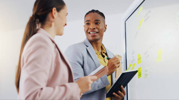 istock Board, diversity collaboration and business people communication planning and discussion on advertising strategy. Sticky note, teamwork and corporate team work on startup brainstorming development 1834738439