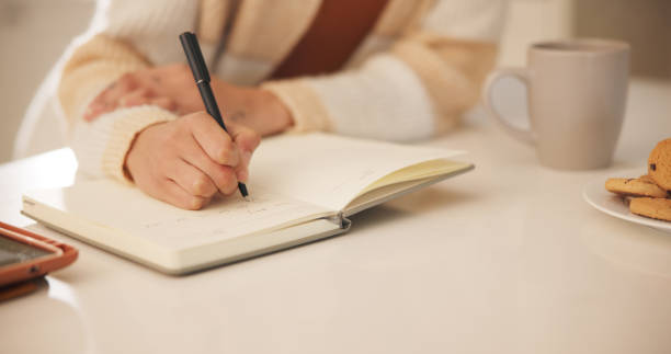 istock Woman, notebook and hands writing in home for journal, day schedule and checklist with planning. Study notes, creative ideas and writer with letter, reminder and story draft in a house with paper 1834740080