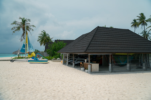 Fushifaru, Maldives - 5th May, 2022 : Jet skies, kite surfs and other adventure sports equipment for rent at a resort in the Maldives.