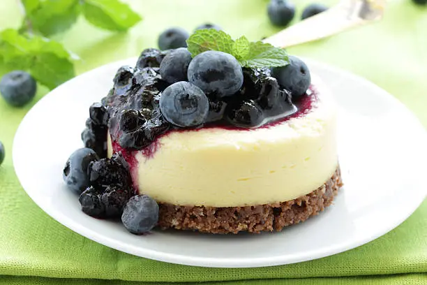 Mini-cheesecake and chocolate biscuits and bilberry.