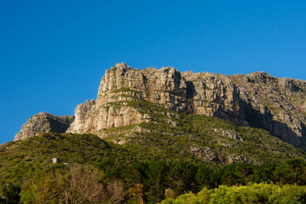 The view from Sea Point towards the top cable car station on Table Mountain. The cables are visible against the sky.