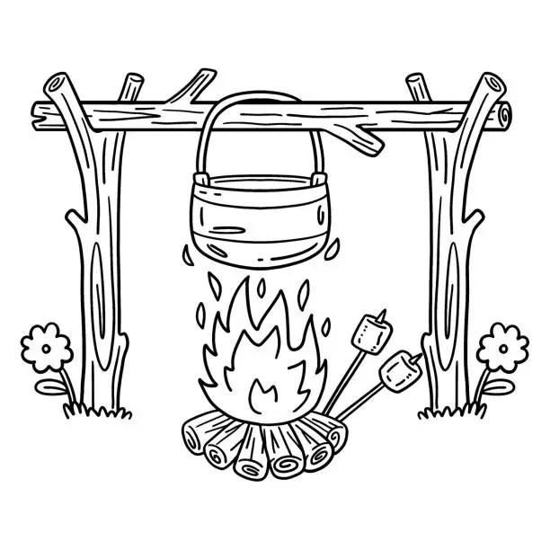Vector illustration of Camping Cooking Pot Over Bonfire Isolated Coloring