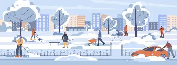 Vector illustration of Cleaning snow in city. Male female citizens removing snow in town park and street. Seasonal snowy road, cleans with shovels kicky vector scene