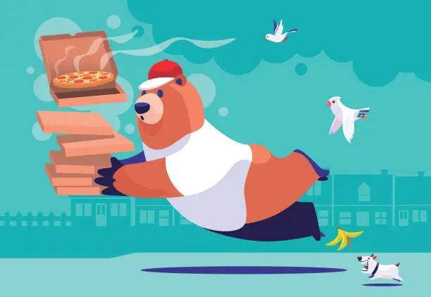 Vector illustration of courier bear holding stack of pizza cartons and falling down while stepping on slippery banana peel