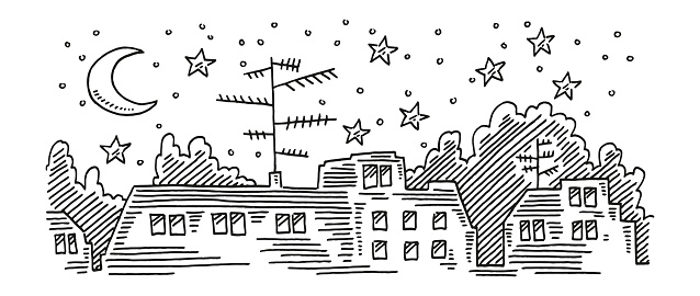 Hand-drawn vector drawing of a Night Scene with City Buildings and an Antenna. Black-and-White sketch on a transparent background (.eps-file). Included files are EPS (v10) and Hi-Res JPG.