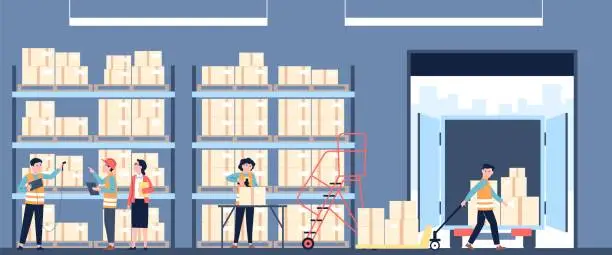 Vector illustration of Workers on warehouse. Logistic center with parcel boxes on shelves, worker in uniform and truck. Transportation and delivery service, recent vector scene