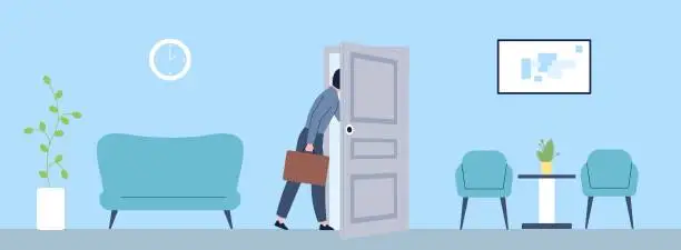 Vector illustration of Man in office. Male character with suitcase looks in room or cabinet. Corporate business center, lobby with chairs, sofa and door, vector scene