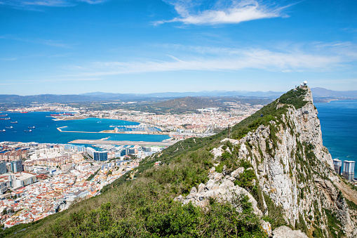 Aerial view of Gibraltar, Algeciras Bay and La Linea de la Concepcion from the Upper Rock. View on coastal city from above